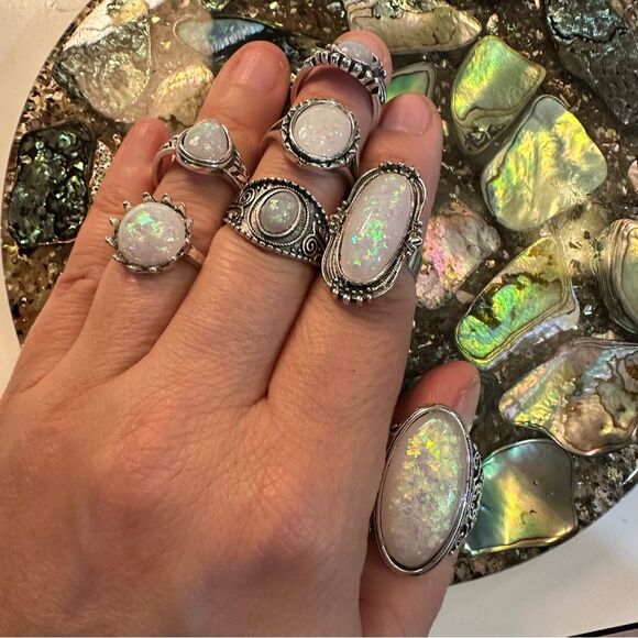 Vintage-Inspired White Opal Statement Ring Set (7 Rings) - Picture 1 of 10